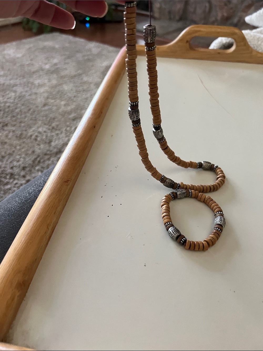 Tan Beaded Necklace with Silver Accent Beads